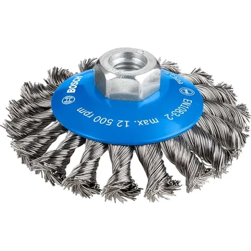 Bosch 1x PRO Steel Longlife Kegelbürste, gezopfter Draht für kleine Winkelschleifer und M14-Gewinde (für Stahl, Ø 100 mm, Professional Zubehör Kleiner Winkelschleifer)