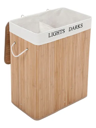 SONGMICS Wäschekorb aus Bambus, 100 L Wäschesortierer - Wäschebox mit 2 Fächern für einfache Kleidersortierung, faltbar und platzsparend – ideal für jedes Zuhause.