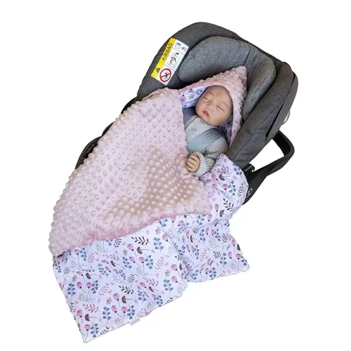 LOOLAY Einschlagdecke Babyschale - Babydecke Autositz 90x90 cm - Fußsack für Autositz Ganzjahresdecke - Minky und Bio-Baumwolle - 3 und 5 Punkt Gurt kompatibel (Rosa Blumen)