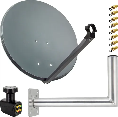 Premium X Satelliten-Komplettanlage 80cm - Anthrazit, Quad LNB für 4 Teilnehmer - SAT-Antenne mit 80 cm Spiegel, pulverbeschichtet und korrosionsgeschützt. Ideal für 4 Teilnehmer mit Unterstützung für 4K Ultra HD und 3D. Inklusive wasserdichtem Quad LNB und stabiler Wandhalterung.