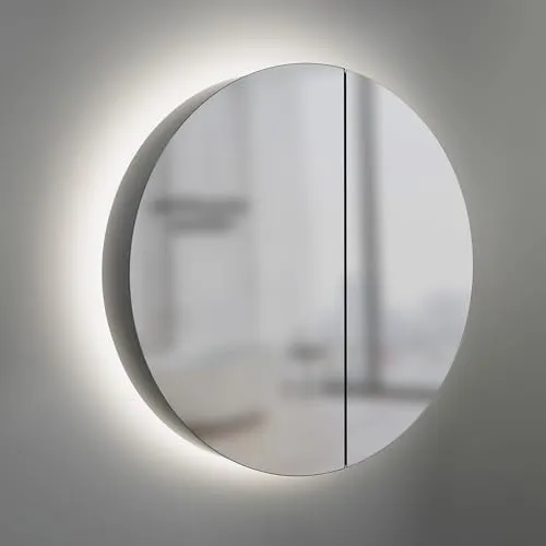 Talos runder Spiegelschrank mit Beleuchtung Ø 60 cm - Spiegelschränke fürs Bad mit hochwertigem Aluminium Korpus, austauschbarer LED-Beleuchtung und zwei Glaseinlegeböden für optimalen Stauraum und stilvolle Eleganz.