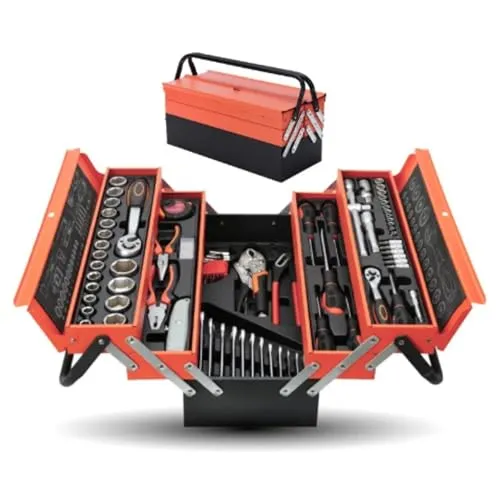 Werkzeugkasten mit 85 Teilen. Kompletter Werkzeugkoffer, Metall, tragbar, manuelles Ersatzteilset. Werkzeugsatz.