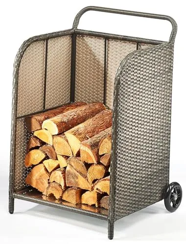 Kobolo Kaminholzwagen Transportwagen aus Polyrattan grau auf Metallrahmen 79 cm