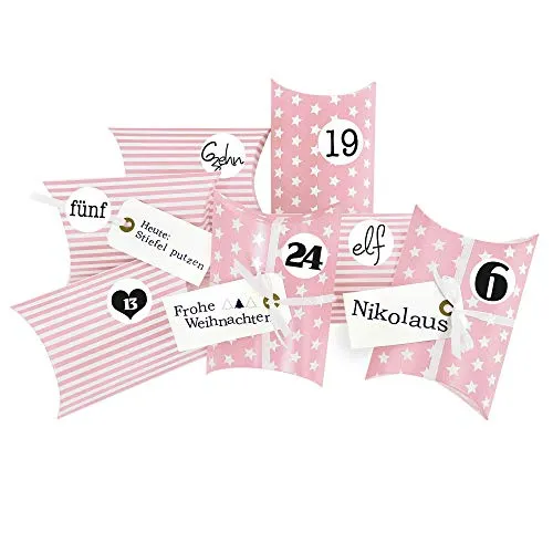 Frau WUNDERVoll® DIY Adventskalender zum Befüllen Christkind: Set 185, Kissenschachteln 15x11x4,5cm rosa Sterne und Streifen, Ziffern schwarz-weiß
