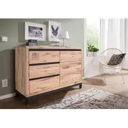 Massivmoebel24 Sideboard VILLANDERS aus Wildeiche - Elegantes Sideboard aus Wildeiche (120x45x85) mit Soft-Close-System und einzigartiger Rissoberfläche. Modernes Design mit hochwertiger Metallrahmen-Konstruktion - ein echtes Unikat für Ihr Zuhause.