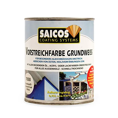 0,75L Saicos Vorstreichfarbe 7050 Grundweiß - Hochwertige Grundierung für optimale Haftung und ein gleichmäßiges Finish. Ideal für Holzoberflächen, um Verfärbungen zu minimieren und die Farbbrillanz zu fördern.