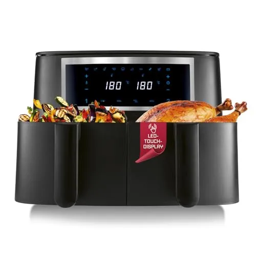 GOURMETmaxx Doppelkammer Heißluftfritteuse 2 x 4 L - Synchro-Garzonen Airfryer - Heißluftfritteusen mit 10 Programmen für fettfreies Frittieren und gleichzeitiges Garen von 2 Gerichten dank Synchro-Garzonen – ideal für kreative Küche!