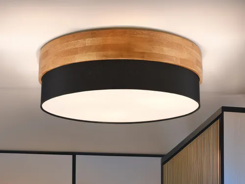LED Deckenleuchte Holzlampe Schwarz Ø 50cm - Stilvolles Lichtdesign für Flur und Eingangsbereich - Moderne Deckenleuchte mit 50cm Durchmesser, aus schwarzem Stoff und hellem Holz. Ideal für eine gemütliche Atmosphäre dank dimmbarer LED-Leuchtmittel.