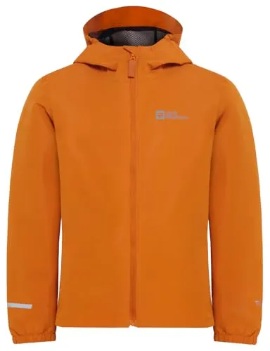 Jack Wolfskin Unisex Kinder Flaze, Soft Amber, 92 EU - Wasserdichte Kinderjacke mit 10.000 mm Wassersäule, ideal für Outdoor-Abenteuer. Reflektierende Details und fest verbundene Kapuze sorgen für Sicherheit und Komfort.