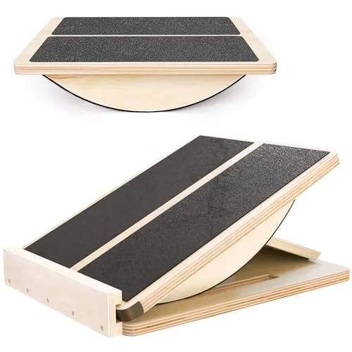 MUCITAGF Professionelles 2-in-1 Holz Schrägbrett & Balance Board Verstellbares Neigungsbrett und Wadendehner, Physiotherapieausrüstung, Stehpult, Wippbrett, Kerntraining, Anti-Rutsch-Roller
