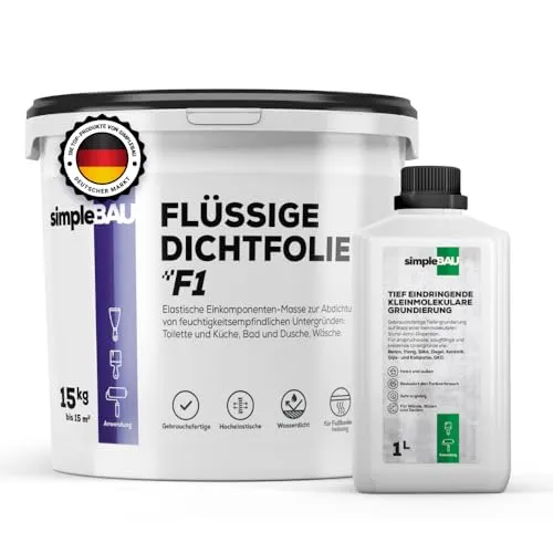 simpleBAU Dichtmasse Wasserdicht F1 15 kg und Tiefengrund 1L - Abdichtmasse und Grundierungssystem für Bad, Dusche, Fliesen und Fußbodenheizung - Einkomponente und Lösemittelfrei Flüssige Dichtfolie