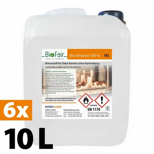 Liter (6 x 10L) Kanister Bioethanol 100% für Bioethanolkamin, Alkohol Kamin 60