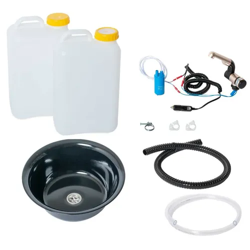 12V Camping Bausatz Waschbecken schwarz 32cm rund 19 Liter T4 T5 T6 Transit Vito - Praktisches Waschbecken für den mobilen Einsatz: 32 cm Durchmesser, 19 Liter Volumen, ideal für die Küche im Camper. Robuste Bauweise für zuverlässige Nutzung unterwegs.