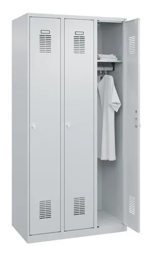 CP-Möbel Spind Basis PLUS, lichtgrau, 3 Abteile - Drohnen-Spind mit 3 Abteilen, ideal für die sichere Aufbewahrung von Drohnenzubehör. Optimale Belüftung und Drehriegelschloss für maximale Sicherheit. Made in Germany.