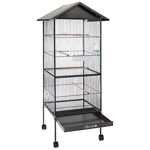 CADOCA® Vogelvoliere mit Dach 130x52x52cm Schmutzschublade Indoor Outdoor Vogelkäfig Vogelbauer Vogelhaus Voliere mit Zubehör rollbar Schwarz