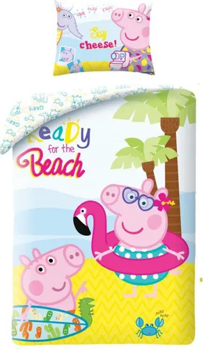 Peppa Pig Bettbezug Summer Ready 140 x 200 cm - Fröhlicher Peppa Pig Bettbezug aus 100% Baumwolle, ideal für Kinderzimmer. Mit doppelter Funktion und extra großem Kissenbezug – perfekt für kreative Bettgestaltungen!