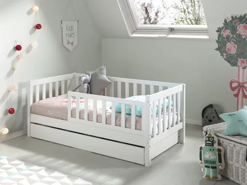 Produktbild Juniorbett 70 x 140 cm mit Bettschublade und Sprossen, Kiefer massiv weiß lackiert