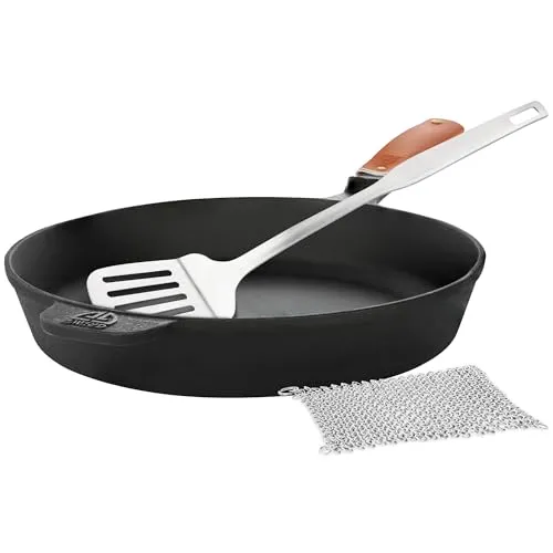 GRÄWE CI 350 Gusseisenpfanne Ø 28 cm - Hochwertige Gusseisen-Bratpfanne für Induktion und Grill, inklusive Pfannenwender und Echtleder-Griffschutz – ideal für perfekte Kochergebnisse und vielseitigen Einsatz.