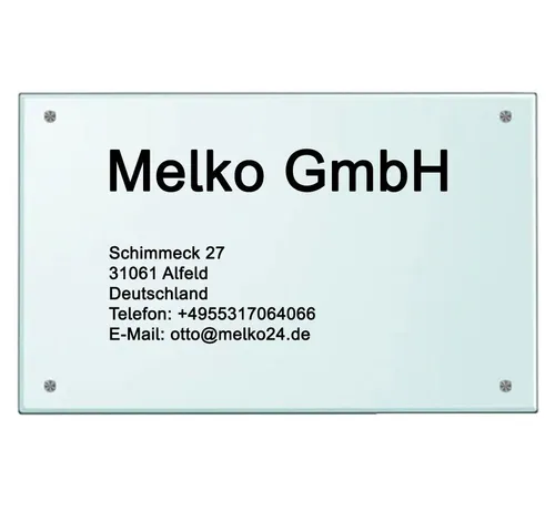 Melko Hinweisschild Praxisschild Firmenschild Werbeschild aus Sicherheitsglas Milchglas, (Stück, Schild), Glaskanten umlaufend sauber poliert