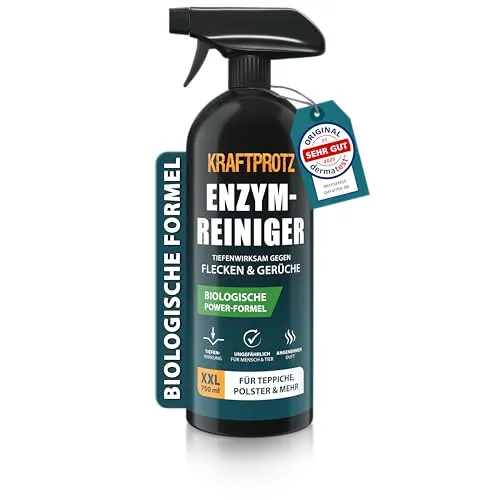 Enzymreiniger – Geruchsentferner & Fleckenentferner Spray 750 ml – porentief & biologisch – für Sofa, Teppich, Matratze, Auto & Haushalt – gegen Schmutz, Schweiß, Gerüche & Tierspuren – KRAFTPROTZ