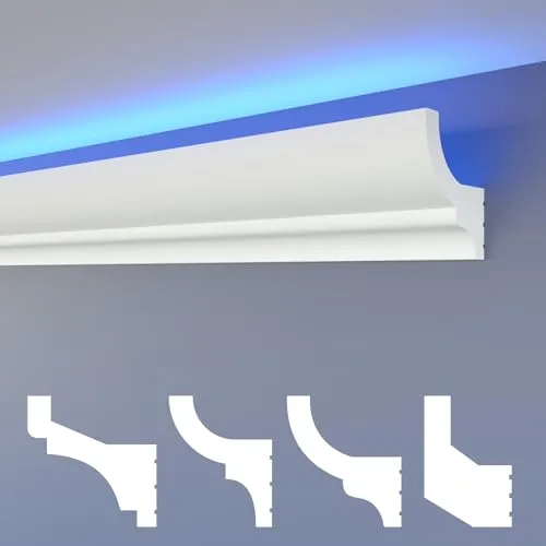 HEXIMO LED Stuckleisten klassisch, XPS Styropor indirekte Beleuchtung Wand- & Deckenleisten Styroporleisten für Decken (20,4 Meter HLED 10)