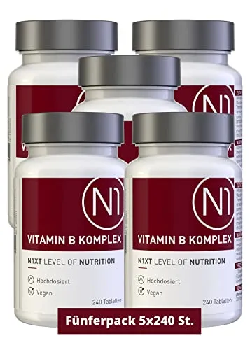N1 Vitamin B Komplex hochdosiert - 1200 vegane Tabletten - nur 1x tgl - 8 Monats-Vorrat - alle 8 B Vitamine in einer Tablette - beste Bioverfügbarkeit