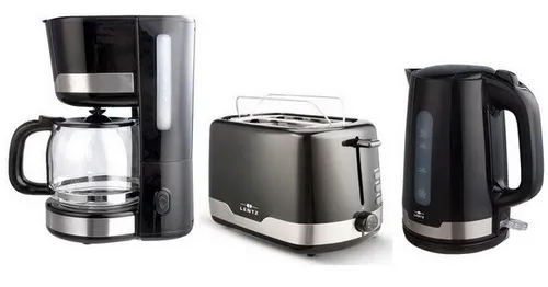 LENTZ Frühstücks-Set: Wasserkocher, Toaster & Kaffeemaschine - Wasserkocher & Toaster Sets, stilvolles Design in Schwarz mit Edelstahl-Applikationen, ideales Set für ein perfektes Frühstückserlebnis.