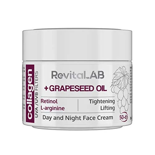 RevitaLAB Anti-Ageing Tages- und Nacht-Feuchtigkeitscreme mit Kollagen, angereichert mit Hyaluronsäure, L-Arginin, Retinol, Traubenkernöl und UVA-/UVB-Filter, für Alter zwischen 50 und 65, 50 ml