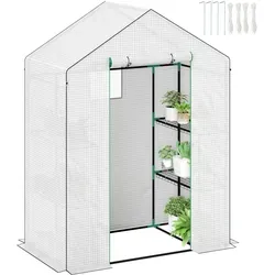 Outsunny Gewächshaus 143Lx74Wx190Hcm - Weiß - Garten-Zubehör: Begehbares Gewächshaus mit UV-beständiger Abdeckung, hochrollbarer Tür und anpassbaren Drahtpaneelen für optimale Pflanzenpflege.