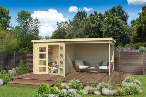 Gartenhaus Blockhaus Anbau Freisitz LONG BEACH 28 mm - Modernes Gartenhaus mit einer Fläche von 10,47 m², ideal für entspannte Freisitzmomente. Abschließbar und aus hochwertigem Holz gefertigt, perfekt für Ihren Garten.