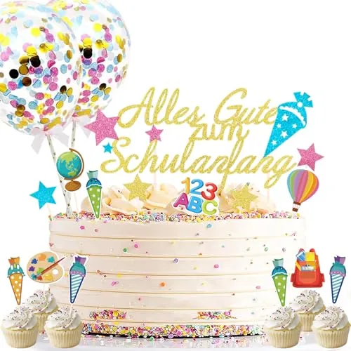 Stück Schulanfang Tortendeko, Tortendeko Einschulung, Einschulung Deko Kuchen Papierfächer für Junge und Mädchen Schulanfang Party Dekoration (Bunt) 24