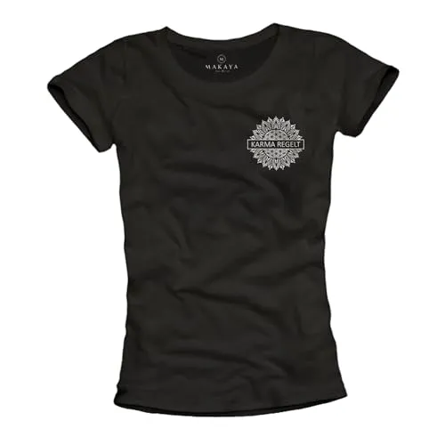 MAKAKYA Damen Shirt Blume des Lebens - Mandala Karma Regelt Lustiges Sprüche T-Shirt Frauen Esoterik Geschenke Schwarz Größe M