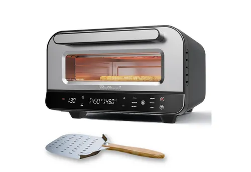 BOLKANI Elektrischer Pizzaofen mit Pizzastein – 450°C für knusprige Pizza - Pizzaöfen für Zuhause – Backt in nur 2 Minuten knusprige Steinofen-Pizza bei 450°C mit hochwertigem Cordierit-Pizzastein und integriertem Timer.