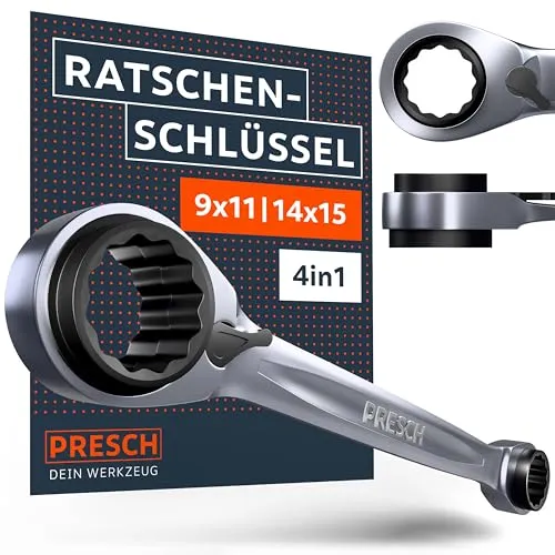 PRESCH Doppel Ratschenschlüssel 9 11 14 15 mm - Umschaltbare Ratschenfunktion - Präzisionsgefertigt mit 90 Zähnen & 4° Rückholwinkel - 4 Größen in einem Schlüssel - 4 in 1 Ringratschenschlüssel