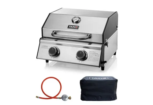 TAINO PLATINUM COMPACT Set Tischgrill - Propangas-Grill Set mit Abdeckhaube und Gasdruckminderer, aus hochwertigem Edelstahl, ideal für Grillabenteuer auf kleinem Raum.