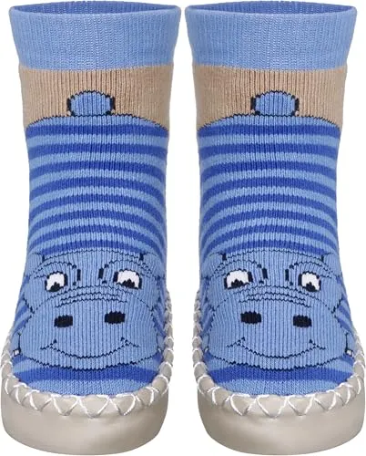 Playshoes Unisex Kinder Hüttenschuhe Hausschuh, Blau Nilpferd, 23/26 EU