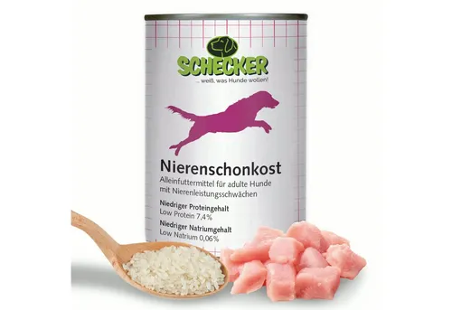 Schecker Nierenschonkost - Nassfutter für Hunde - Schecker Nierenschonkost ist ein proteinreduziertes Nassfutter für Hunde. Mit 100 % Geflügel und ausgewählten Zutaten fördert es die Verträglichkeit und sorgt für ein gepflegtes Fell. Ideal für ernährungssensible Hunde.