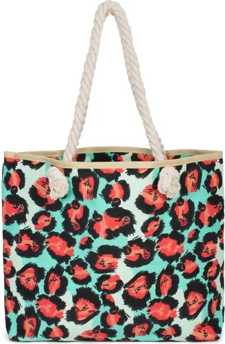 styleBREAKER Strandtasche mit Leoparden Print in Türkis-Rot - Auffällige Badetasche mit buntem Leoparden Print und praktischem Reißverschluss. Viel Platz für alles Wichtige und bequem tragbar über der Schulter – ideal für Strand, Freibad oder Shopping.
