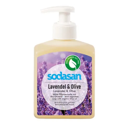 SODASAN Flüssigseife Lavendel u. Olive 300 ml - Vegane, biozertifizierte Seife mit herrlichem Lavendelduft, vollständig biologisch abbaubar und pflegend durch Bio-Olivenöl – ideal für sanfte Körperpflege.
