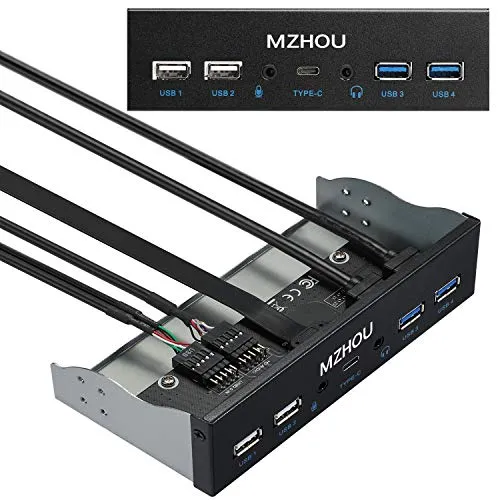 MZHOU USB 3.2 GEN1 Frontpanel-Erweiterungskarte, 10 Gbit/s Type-C + 4 USB Ports（5Gbps+480Mbps）+ HD-Audio Optisches Laufwerk-Panel für 5,25-Zoll CD-ROM Steckplatz