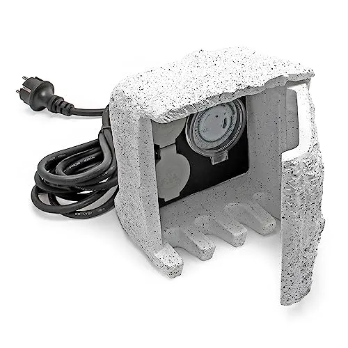 2-fach Gartensteckdose Außensteckdose Kunstharz Zeitschaltuhr IP44 Outdoor Steinoptik 5m Kabel