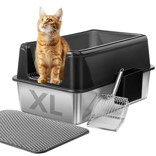 Marchul Katzentoilette XL, Edelstahl-Katzenklo für große Katzen, XL Metall Katzentoilette mit Deckel, Urin-Dicht, Nicht-klebrig, inkl. Streumatte und Edelstahl KOT-Schaufel