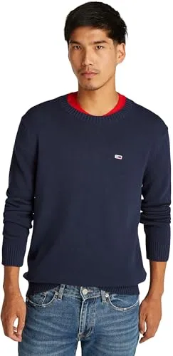 Tommy Jeans Herren Pullover Slim Fit Crew Neck Sweater, Blau (Dark Night Navy) - Pullover für Herren aus 100% Bio-Baumwolle, ikonisches Design für optimalen Tragekomfort, perfekt für jeden Anlass – Büro, Alltag oder Abend.