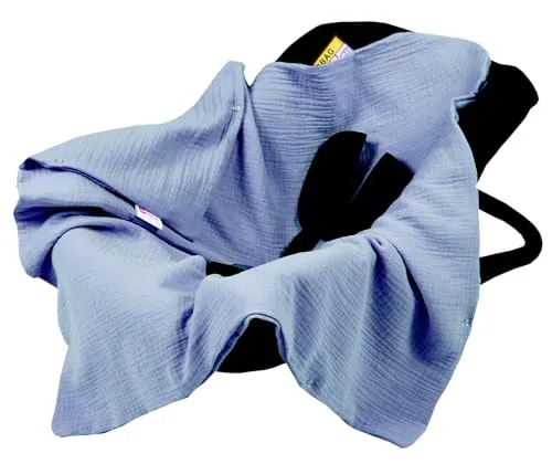 Babylux Einschlagdecke für Babyschale Autositz 80x80 cm – Sommer Babydecke aus Musselin Baumwolle – Atmungsaktiv, mit Gurtschlitzen (Jeans)