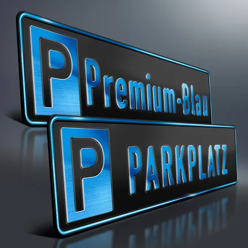 Parkplatzschild Premium | BLAU auf SCHWARZ | Wunschtext | Aluminium Kennzeichen