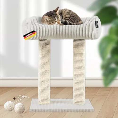 Wolly Kratzbaum für Katzen – Made in Germany, 2 Breiten aus Vollholz - Hochwertiger Katzenbaum aus deutscher Herstellung mit 2 stabilen Kratzsäulen und kuscheligem Bettchen. Bietet Sicherheit und viel Platz zum Kratzen für Katzen bis 15 kg.