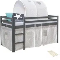 Homestyle4u Hochbett 90x200 cm Grau mit Vorhang Sterne - Hochbett für Kinderzimmer, bietet Spiel- und Lernraum unter dem Bett, inklusive Lattenrost und traumhaftem Vorhang mit Sternenmotiv.