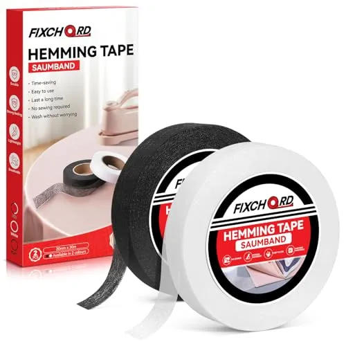 FIXCHORD Saumband, 2PCS Saumband zum Aufbügeln, Bügelband zum Aufbügeln, Bügelband zum Kürzen für Vorhänge, Bügelkleber für Textilien, Gardinen kürzen ohne Nähen, Schwarz und Weiß 30m*20mm