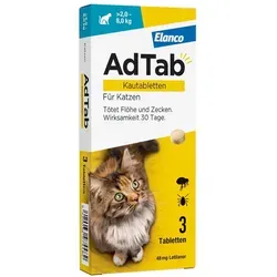 AdTab Katze 48 Mg Kautabletten für 2-8 Kg - Tiergesundheit: Effektiver Zecken- und Flohschutz für Katzen über 2-8 kg, wirkt schnell und stoppt den Vermehrungszyklus von Flöhen für einen Monat.