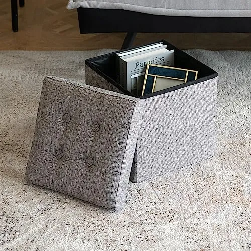 Oak & Tea Mehrzweck-Sitzhocker in Braun-Grau – Faltbarer Hocker/Fußhocker mit versteckter Aufbewahrungsbox, ideal für Schlafzimmer & Wohnzimmer